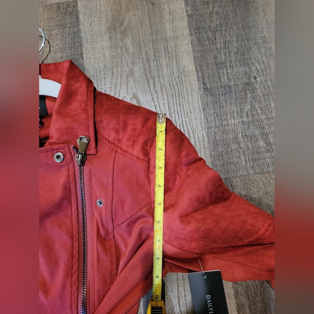 Women's Red Faux Suede Jacket with Quilted Sleeves - Picture 10 of 12